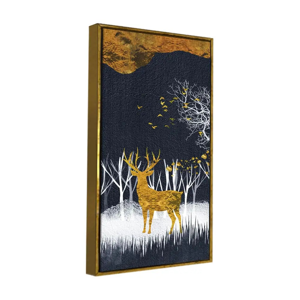 Dark Night Golden Deer with Birds Premium Canvas Wall Painting Decor Mantra