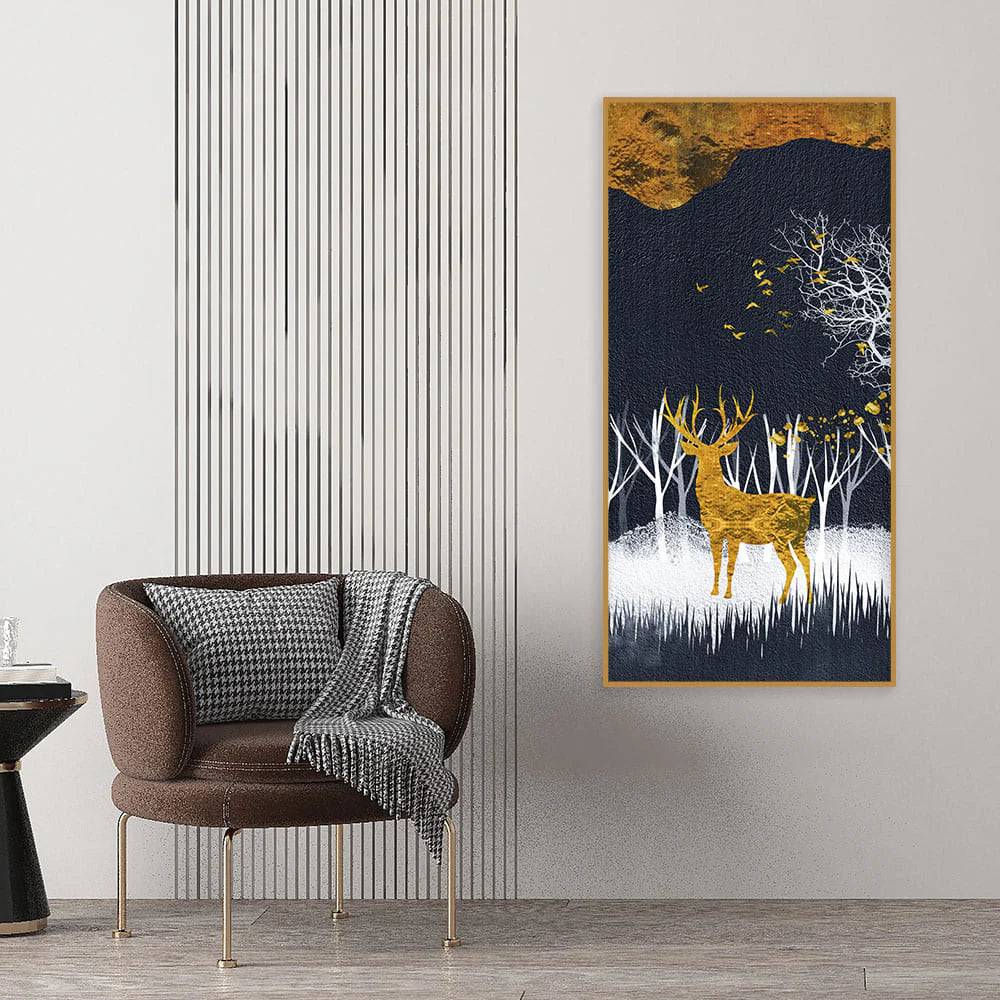 Dark Night Golden Deer with Birds Premium Canvas Wall Painting Decor Mantra