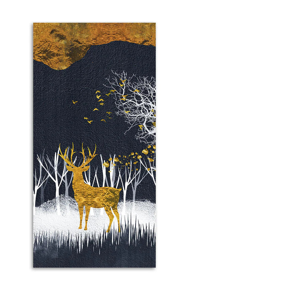 Dark Night Golden Deer with Birds Premium Canvas Wall Painting Decor Mantra
