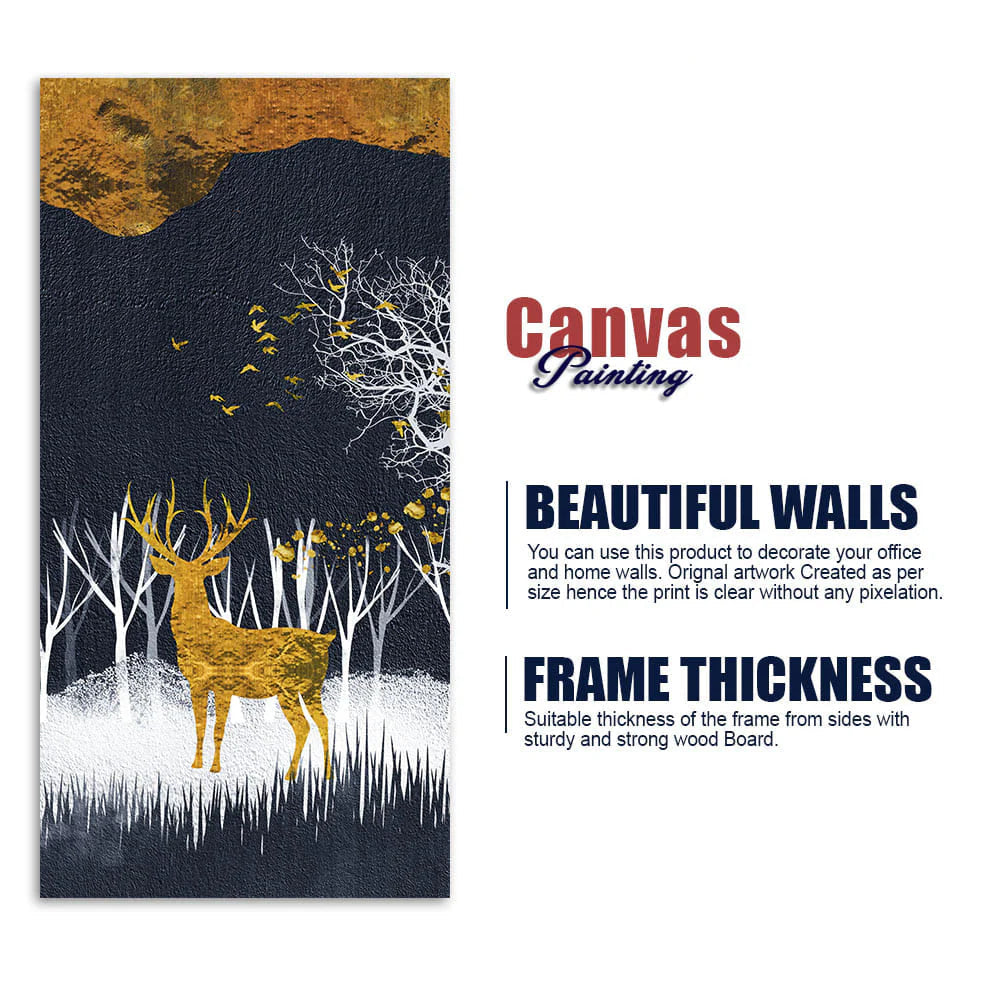 Dark Night Golden Deer with Birds Premium Canvas Wall Painting Decor Mantra