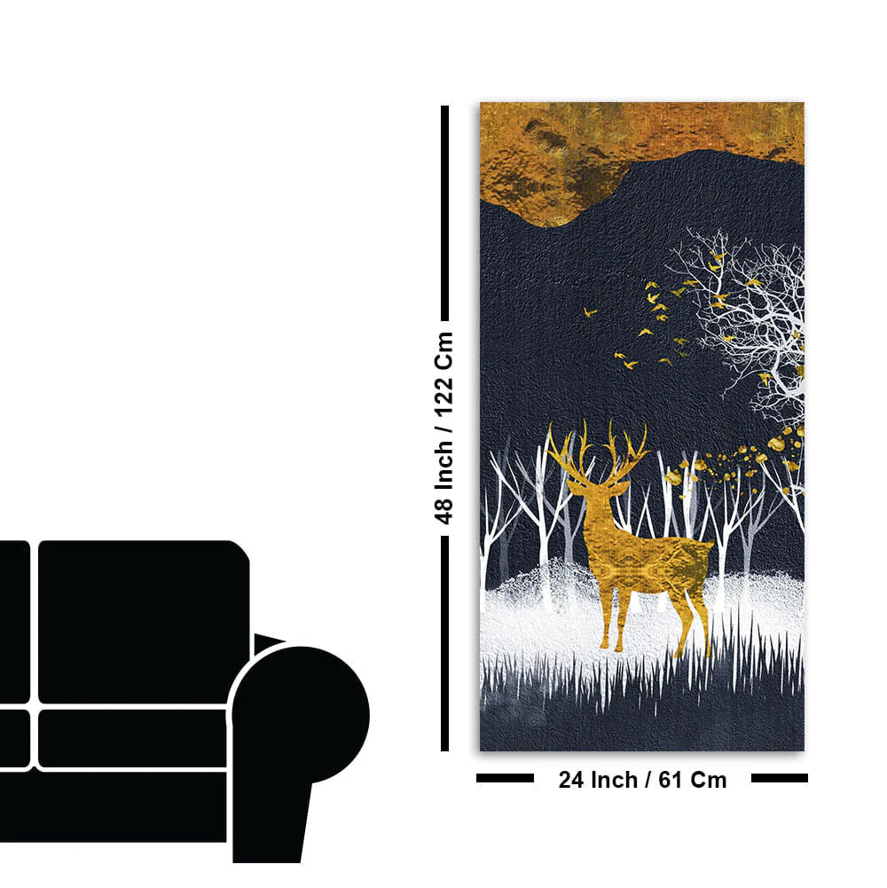 Dark Night Golden Deer with Birds Premium Canvas Wall Painting Decor Mantra