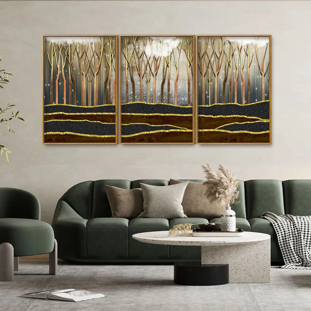 Dead Forest Modern Abstract Art Floating Canvas Wall Painting Set of Three DECORMANTRA