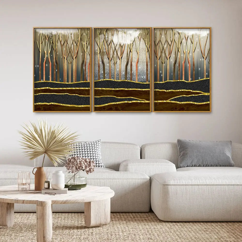 Dead Forest Modern Abstract Art Floating Canvas Wall Painting Set of Three DECORMANTRA