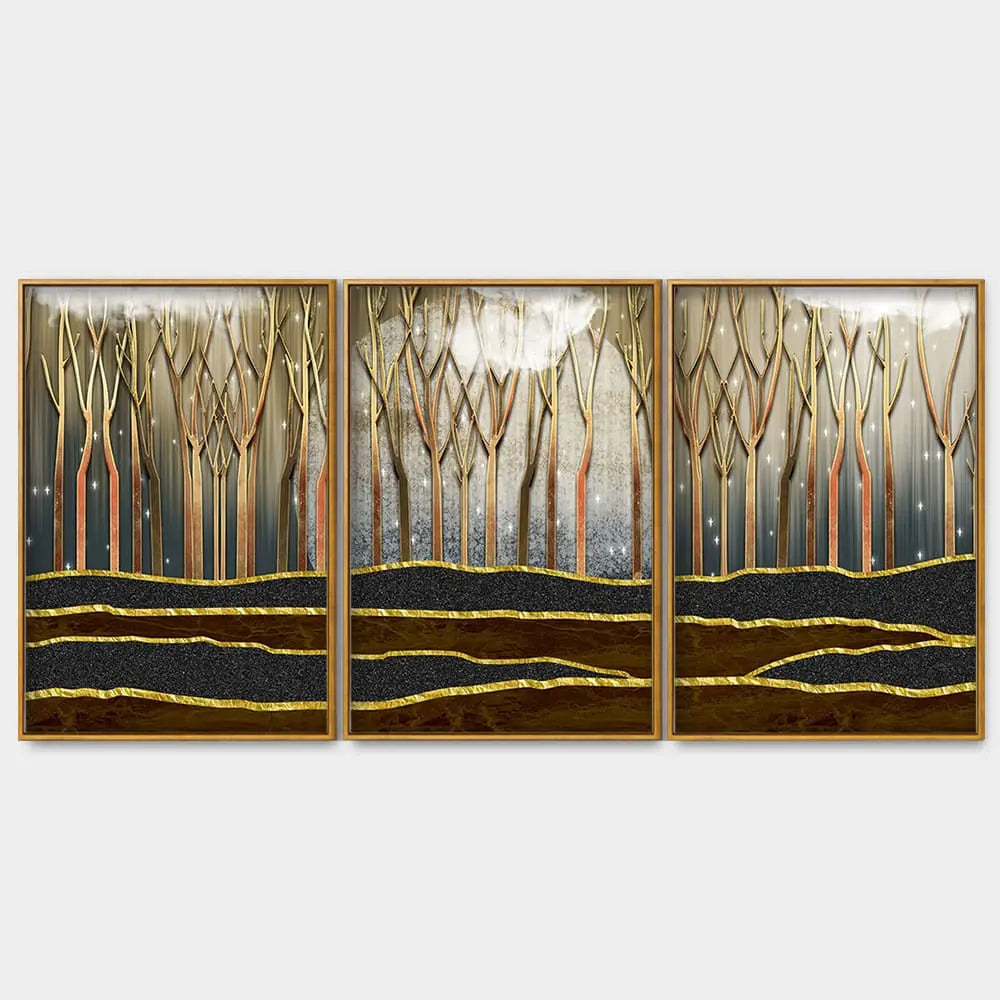 Dead Forest Modern Abstract Art Floating Canvas Wall Painting Set of Three DECORMANTRA