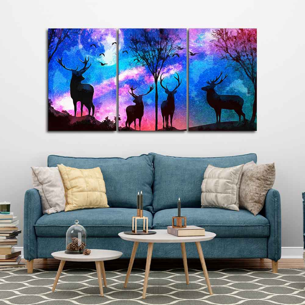 Deer in Forest Canvas Wall Painting of 3 Pieces DECORMANTRA