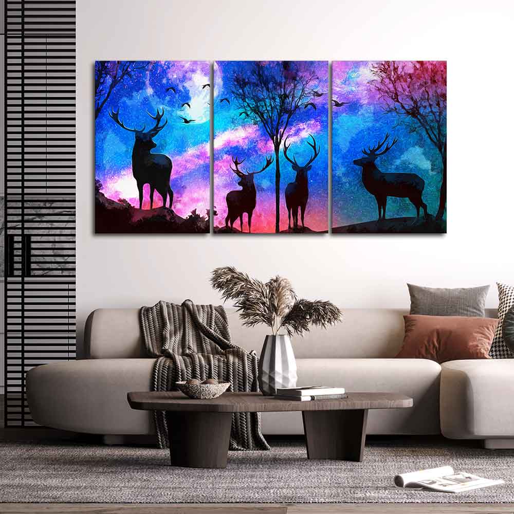 Deer in Forest Canvas Wall Painting of 3 Pieces DECORMANTRA