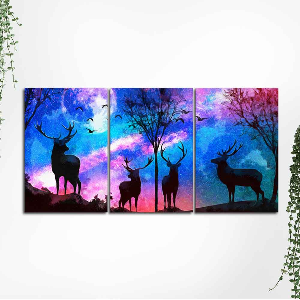 Deer in Forest Canvas Wall Painting of 3 Pieces DECORMANTRA