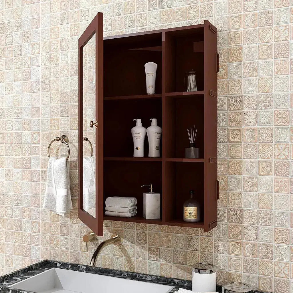 Designer Rectengular Shaped Wooden Bathroom Mirror Cabinet with 5 Spacious Shelves with Brown Finish - Decor Mantra 