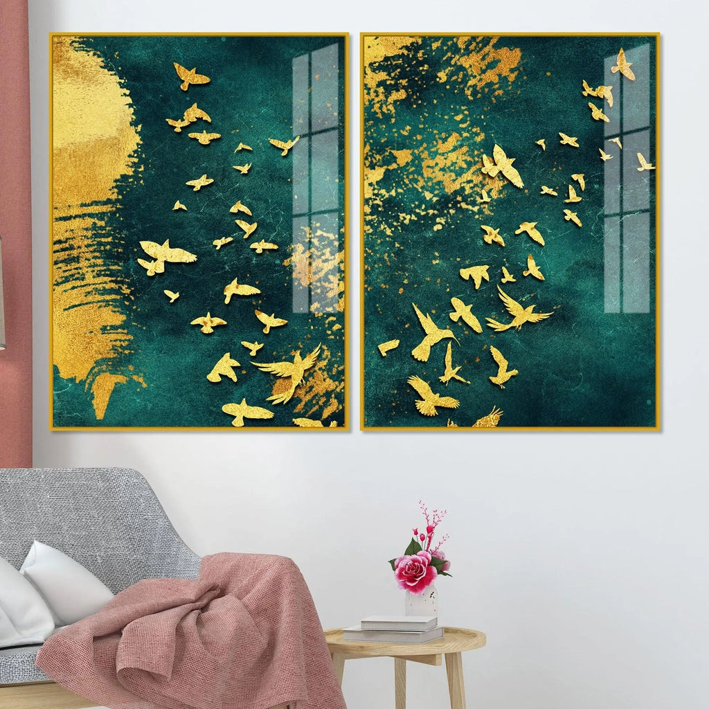 Golden Birds Group Flying Floating Acrylic Wall Painting Set of 2 - Decor Mantra 