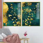 Golden Birds Group Flying Floating Acrylic Wall Painting Set of 2 - Decor Mantra 