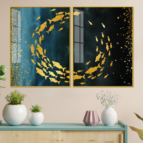 Group of Golden Fishes Acrylic Floating Wall Painting Set of 2 - Decor Mantra 