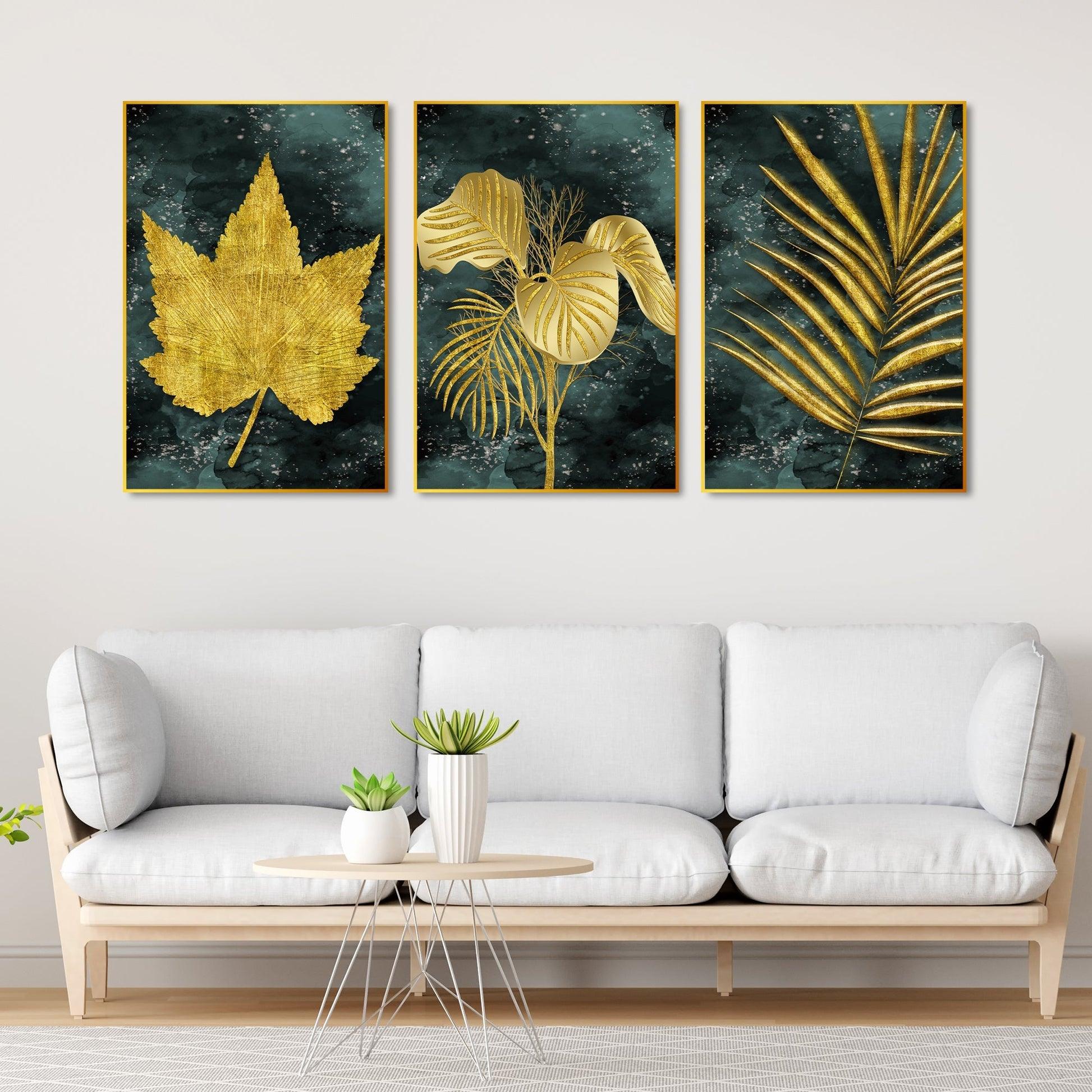 Golden Leaves Floating Canvas Wall Painting Set of Three - Decor Mantra 