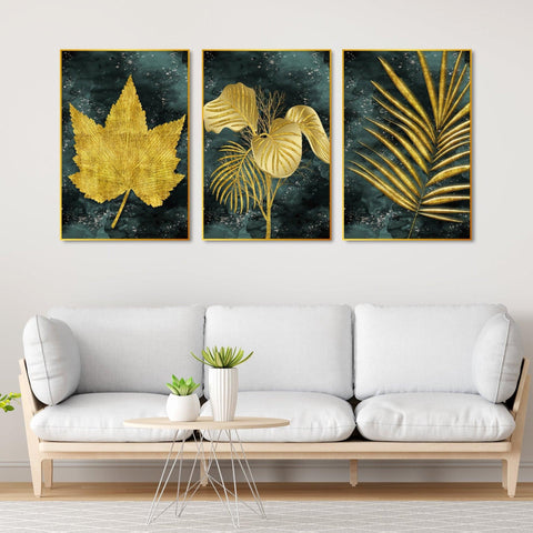 Golden Leaves Floating Canvas Wall Painting Set of Three - Decor Mantra 
