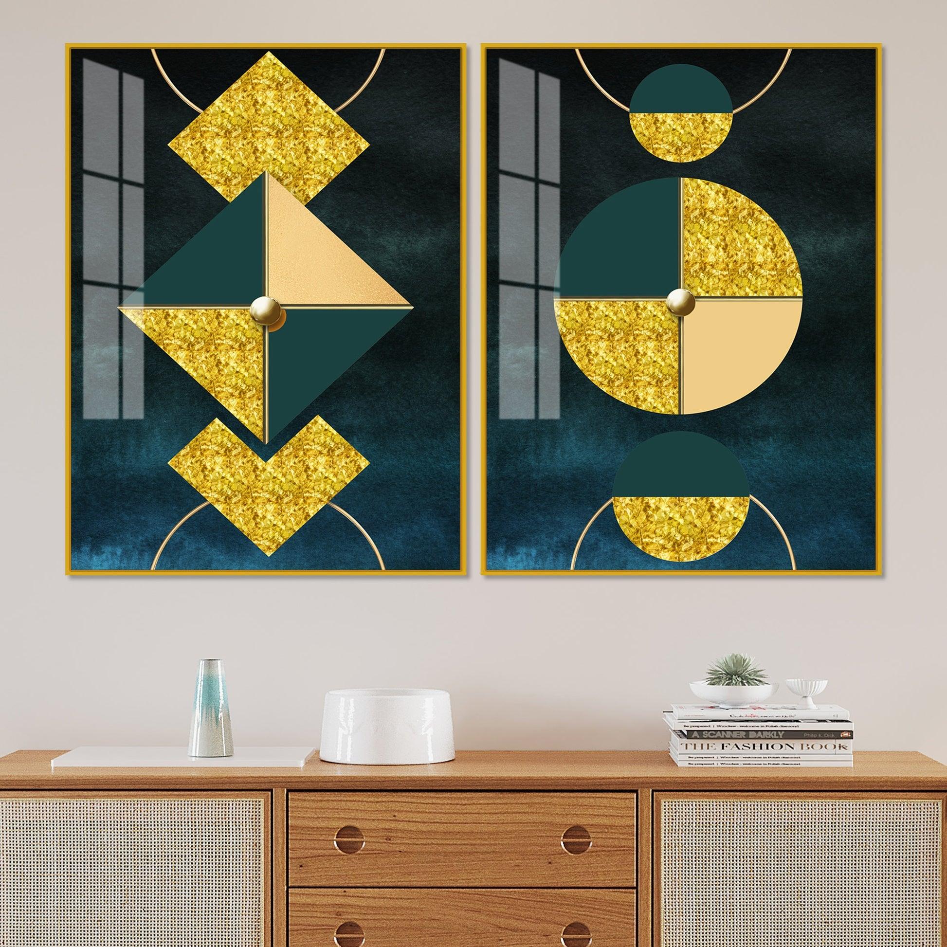 Abstract Geometry Shapes Art Acrylic Floating Wall Painting Set Of 2 - Decor Mantra 