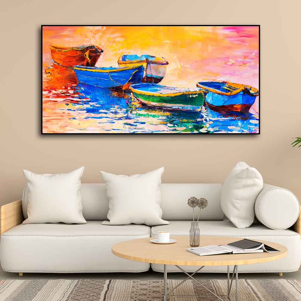 Canvas Wall Painting of The Colorful Boats in Shades of Sunset Decor Mantra