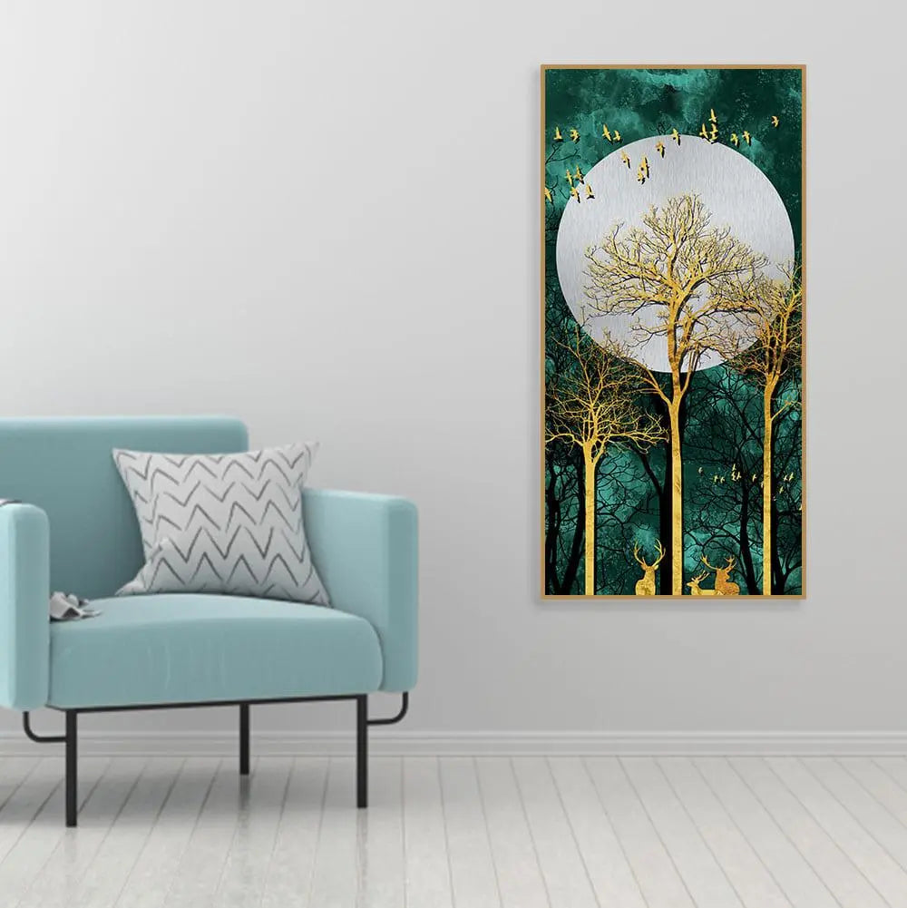 Golden Tree with Moon and Flying Birds Premium Canvas Wall Painting - Decor Mantra 