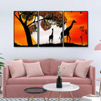 A Pair of Giraffe under a Tree in Sunset Floating Canvas Wall Painting Set of Three Decor Mantra