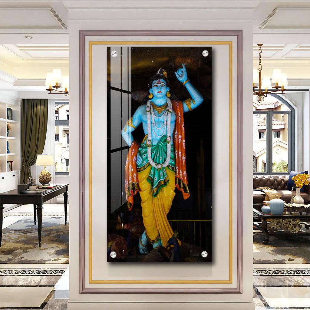 Artistic Krishna Lifting Govardhan Parvat Vertical Wall Art in Premium Acrylic - Decor Mantra 