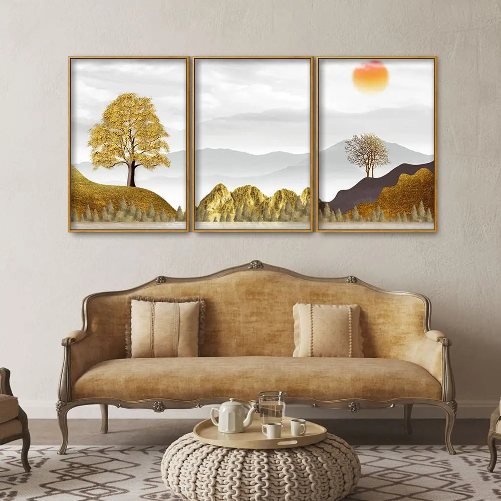 Golden Trees with Beautiful Sunrise Premium Floating Canvas Wall Painting Set of Three Decor Mantra