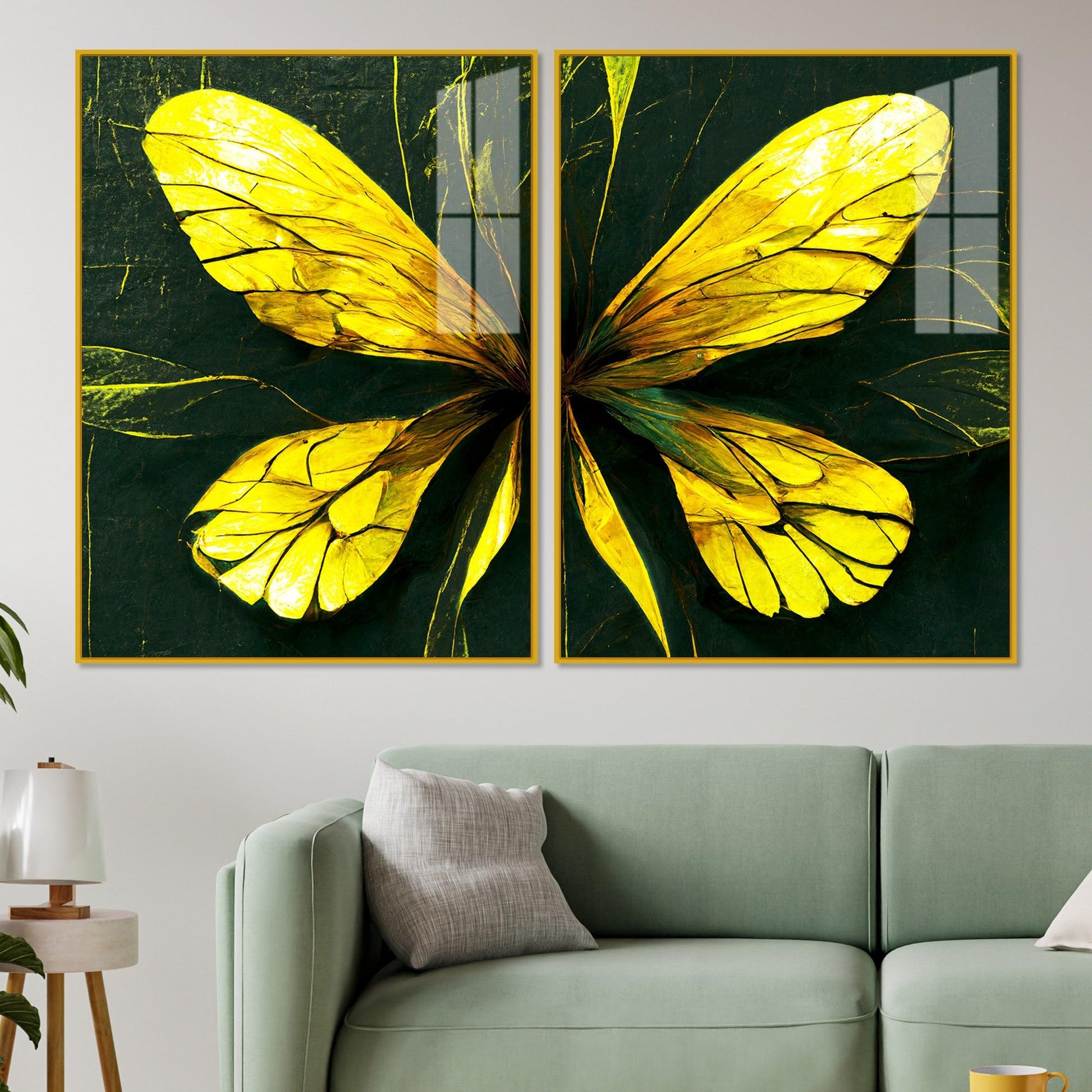 Beautiful Design of Golden Wings Art Acrylic Floating Wall Painting Set Of 2 - Decor Mantra 