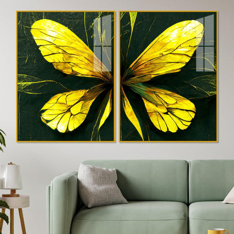 Beautiful Design of Golden Wings Art Acrylic Floating Wall Painting Set Of 2 - Decor Mantra 