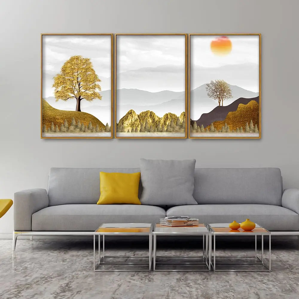 Golden Trees with Beautiful Sunrise Premium Floating Canvas Wall Painting Set of Three Decor Mantra