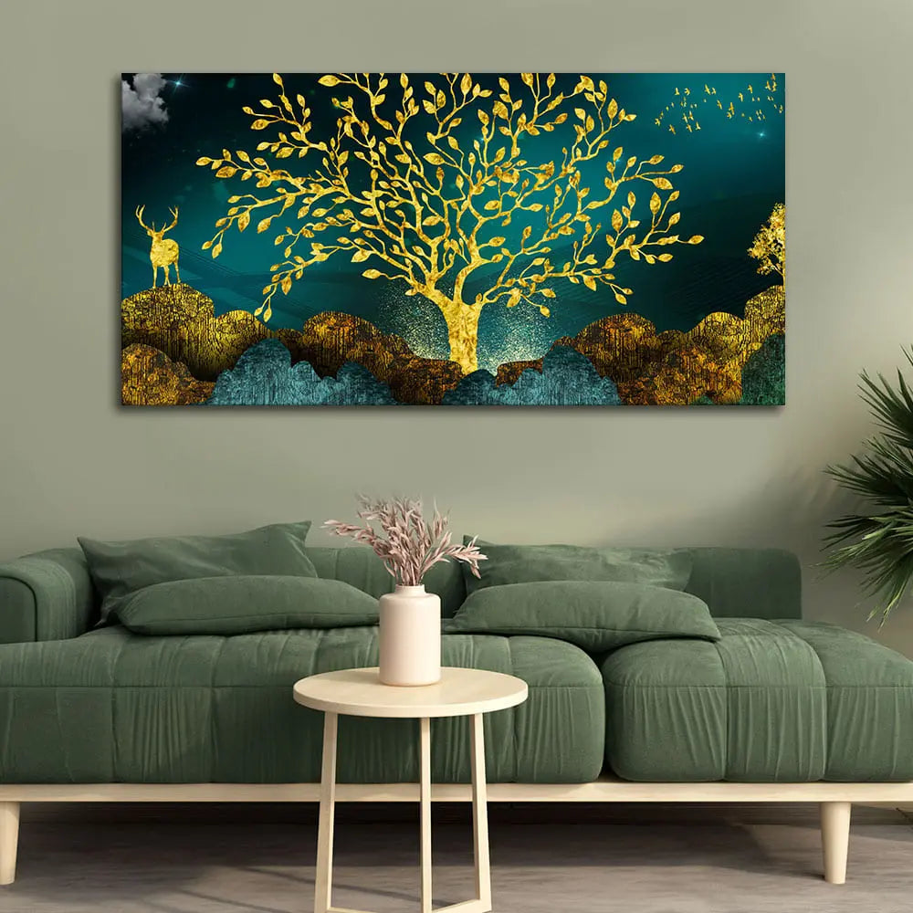 Golden Trees and Deer with Hills Premium Canvas Print Wall Painting - Harshita Craft