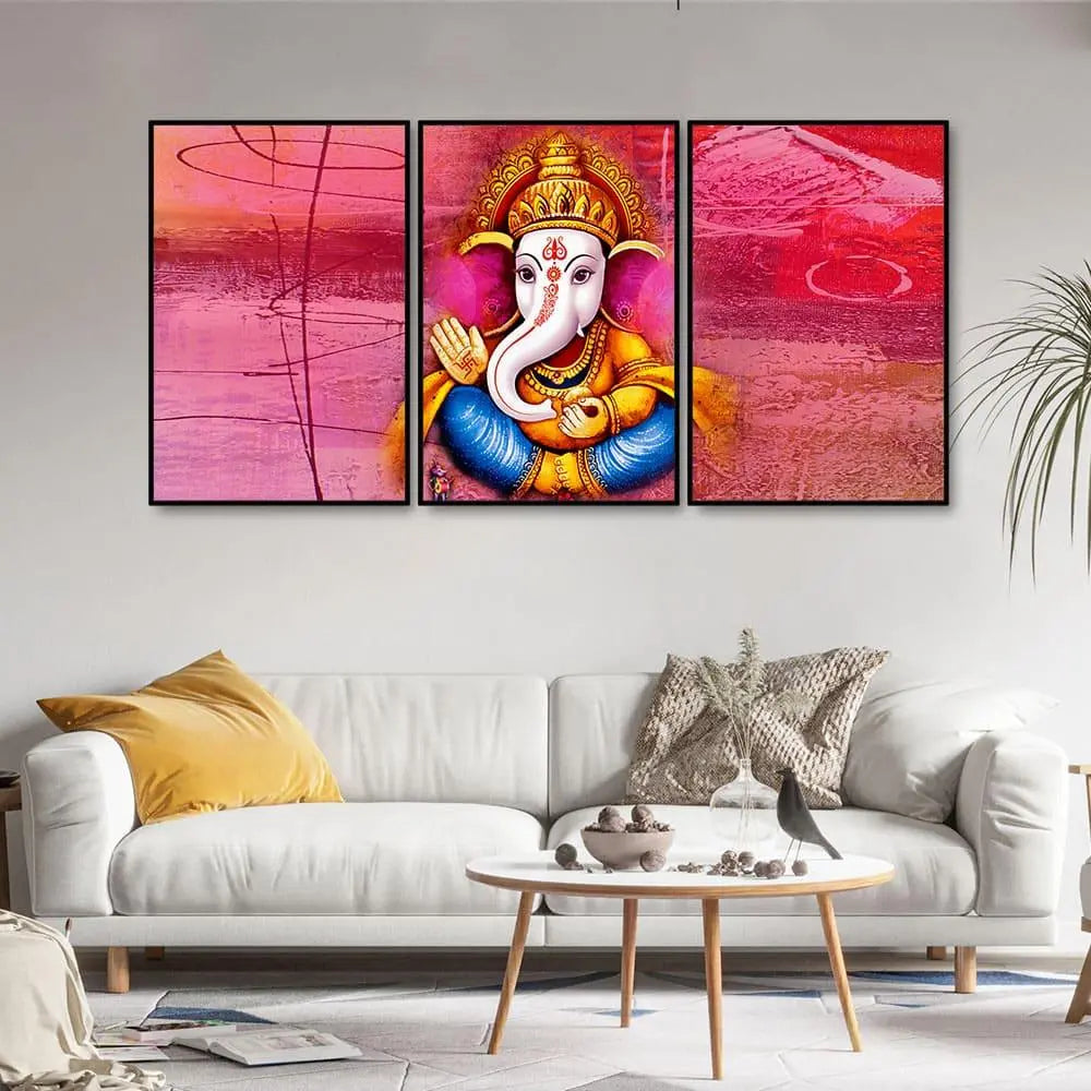 Lord Ganesha Abstract Art Floating Canvas Wall Painting Set of Three - Decor Mantra 