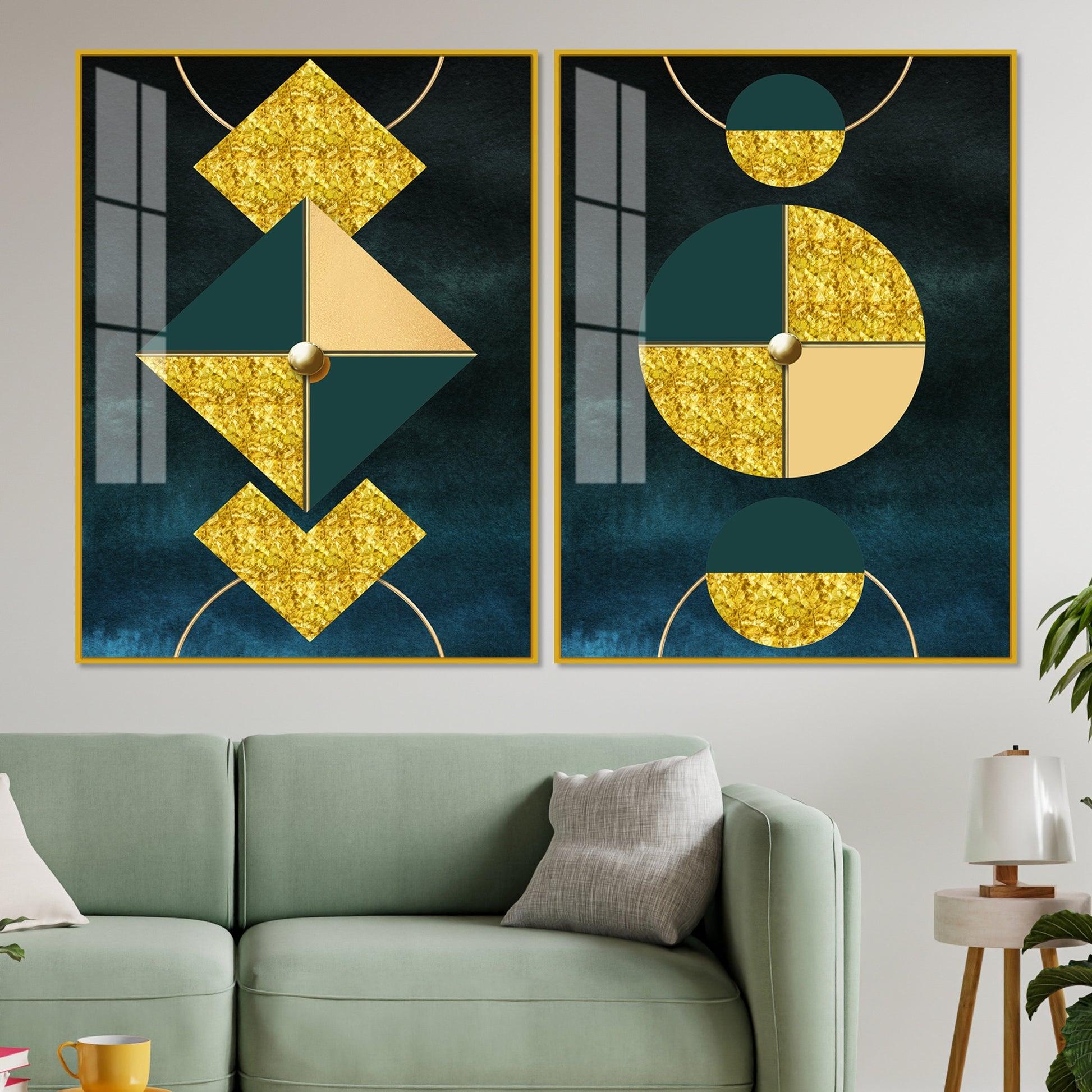Abstract Geometry Shapes Art Acrylic Floating Wall Painting Set Of 2 - Decor Mantra 