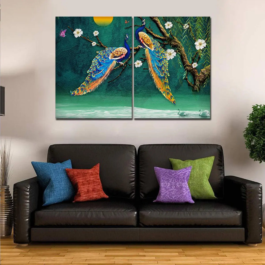 Canvas Bedroom Wall Painting of 2 Pieces Beautiful Bird Couple in Forest - Decor Mantra 