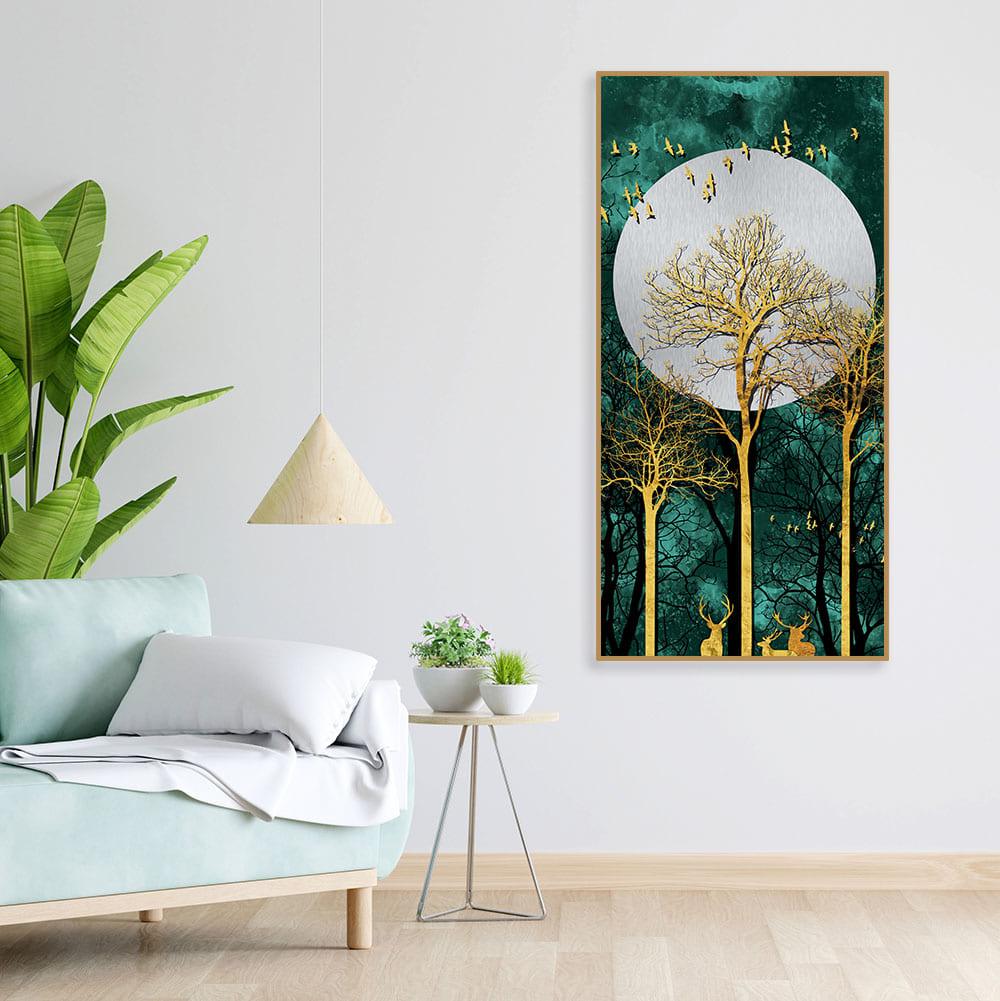 Golden Tree with Moon and Flying Birds Premium Canvas Wall Painting - Decor Mantra 