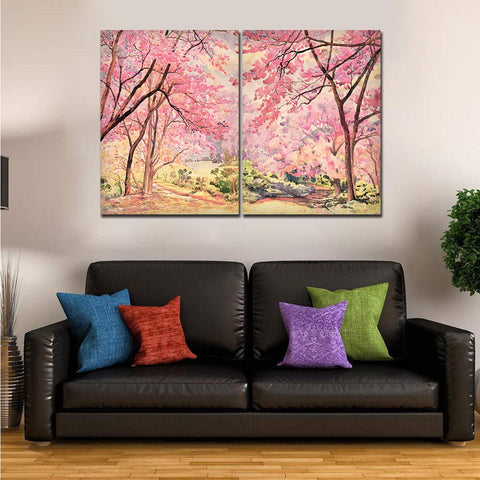 Pink Flower Trees Nature Forest Premium Bedroom Wall Painting - Decor Mantra 
