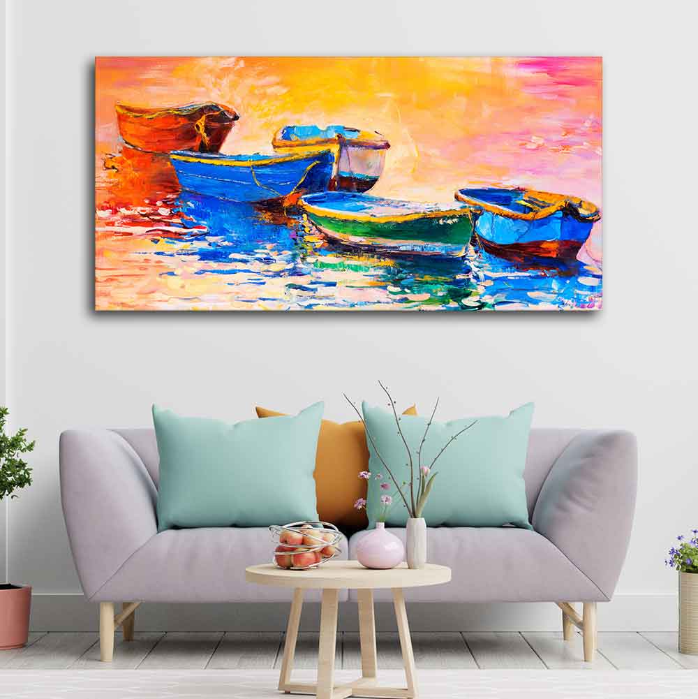 Canvas Wall Painting of The Colorful Boats in Shades of Sunset Decor Mantra