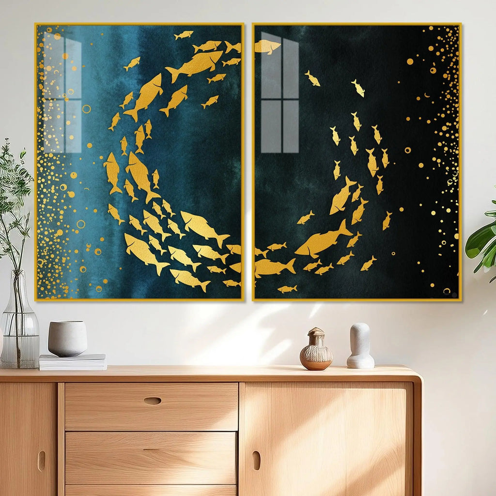Group of Golden Fishes Acrylic Floating Wall Painting Set of 2 - Decor Mantra 