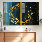 Group of Golden Fishes Acrylic Floating Wall Painting Set of 2 - Decor Mantra 