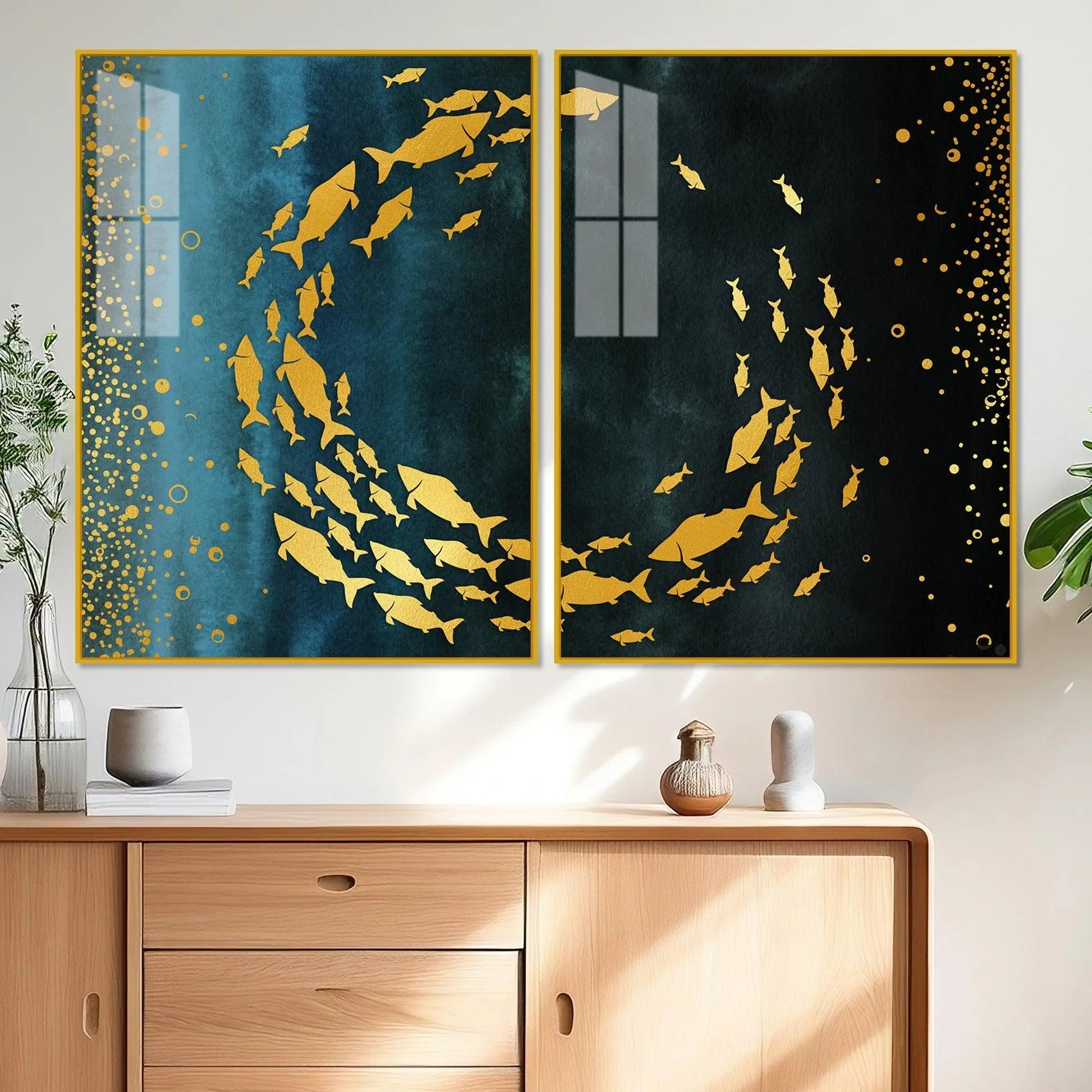 Group of Golden Fishes Acrylic Floating Wall Painting Set of 2 - Decor Mantra 
