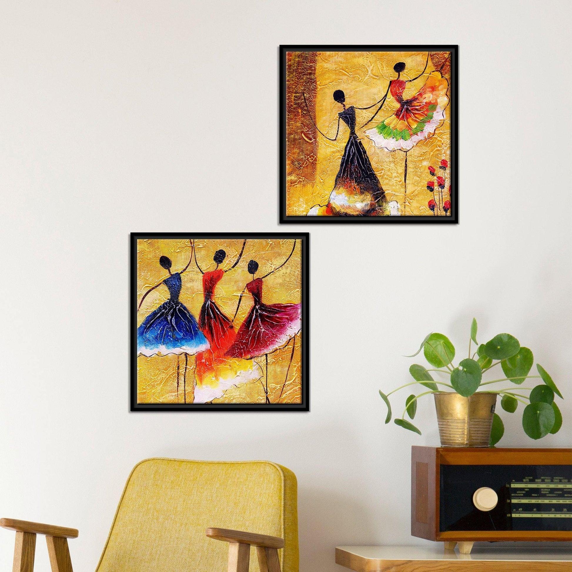 Dancing Women Warli Art Canvas Wall Painting of 2 Pieces Floating Frame - Decor Mantra 