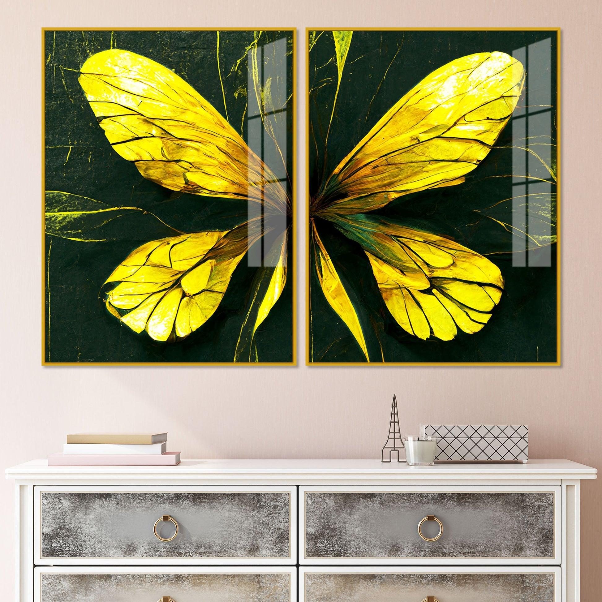 Beautiful Design of Golden Wings Art Acrylic Floating Wall Painting Set Of 2 - Decor Mantra 
