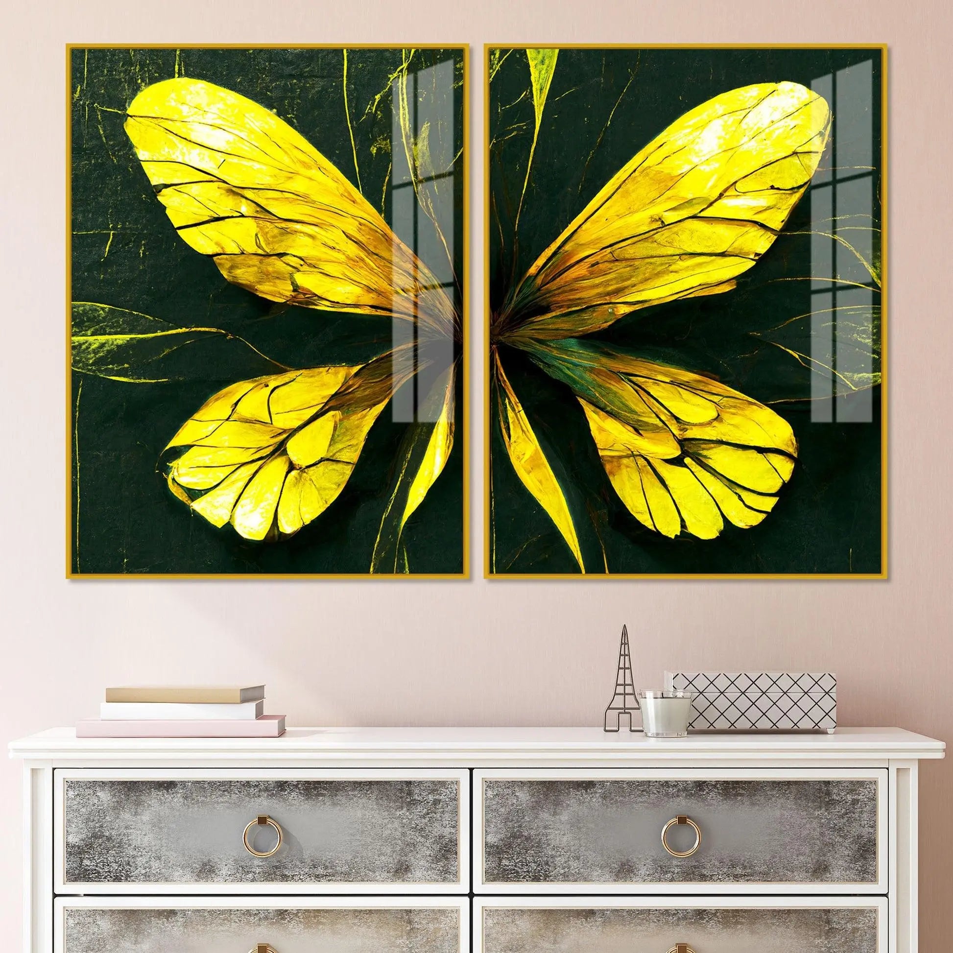 Beautiful Design of Golden Wings Art Acrylic Floating Wall Painting Set Of 2 - Decor Mantra 