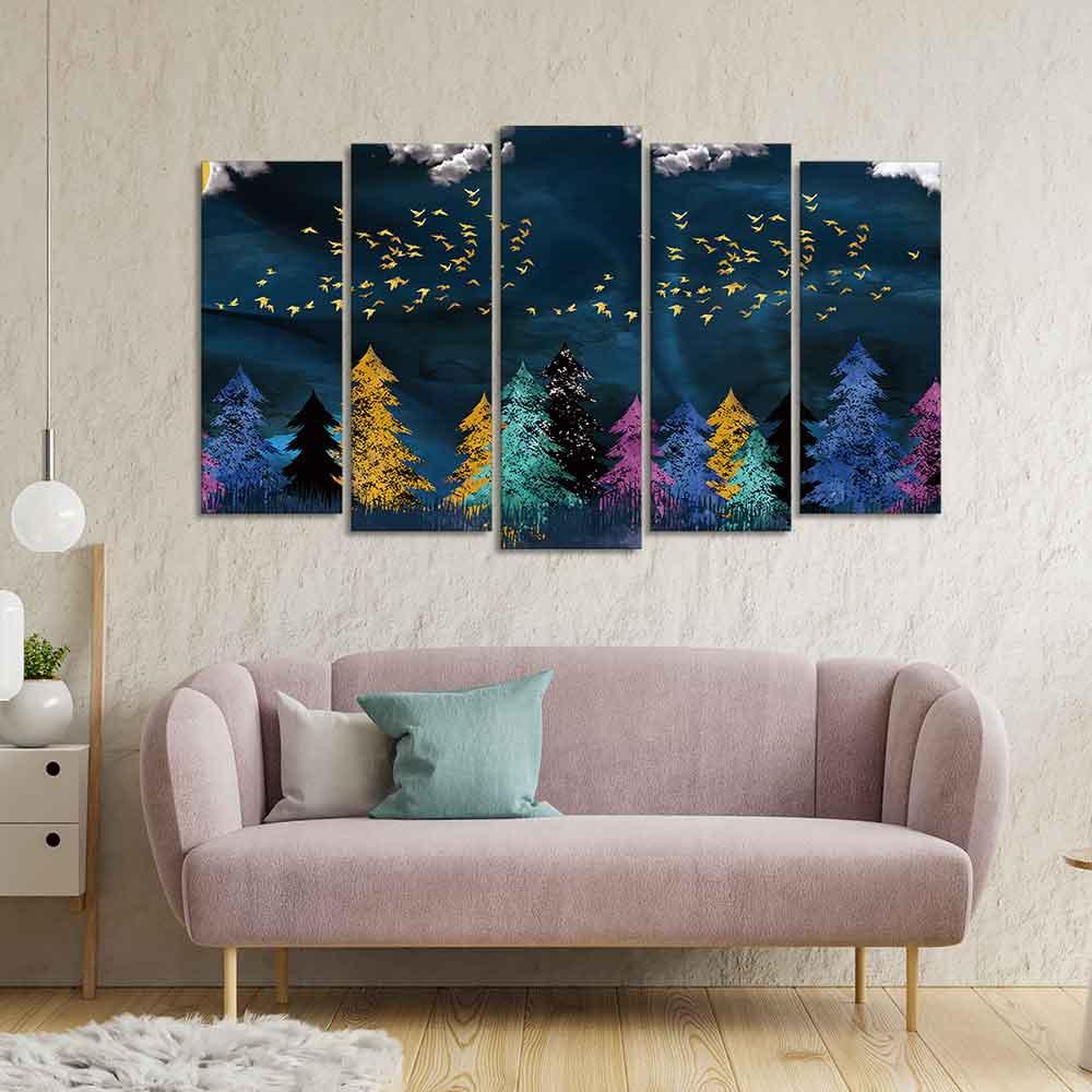 Golden Birds Flying over The Dark Forest Wall Painting of Five Pieces - Decor Mantra 