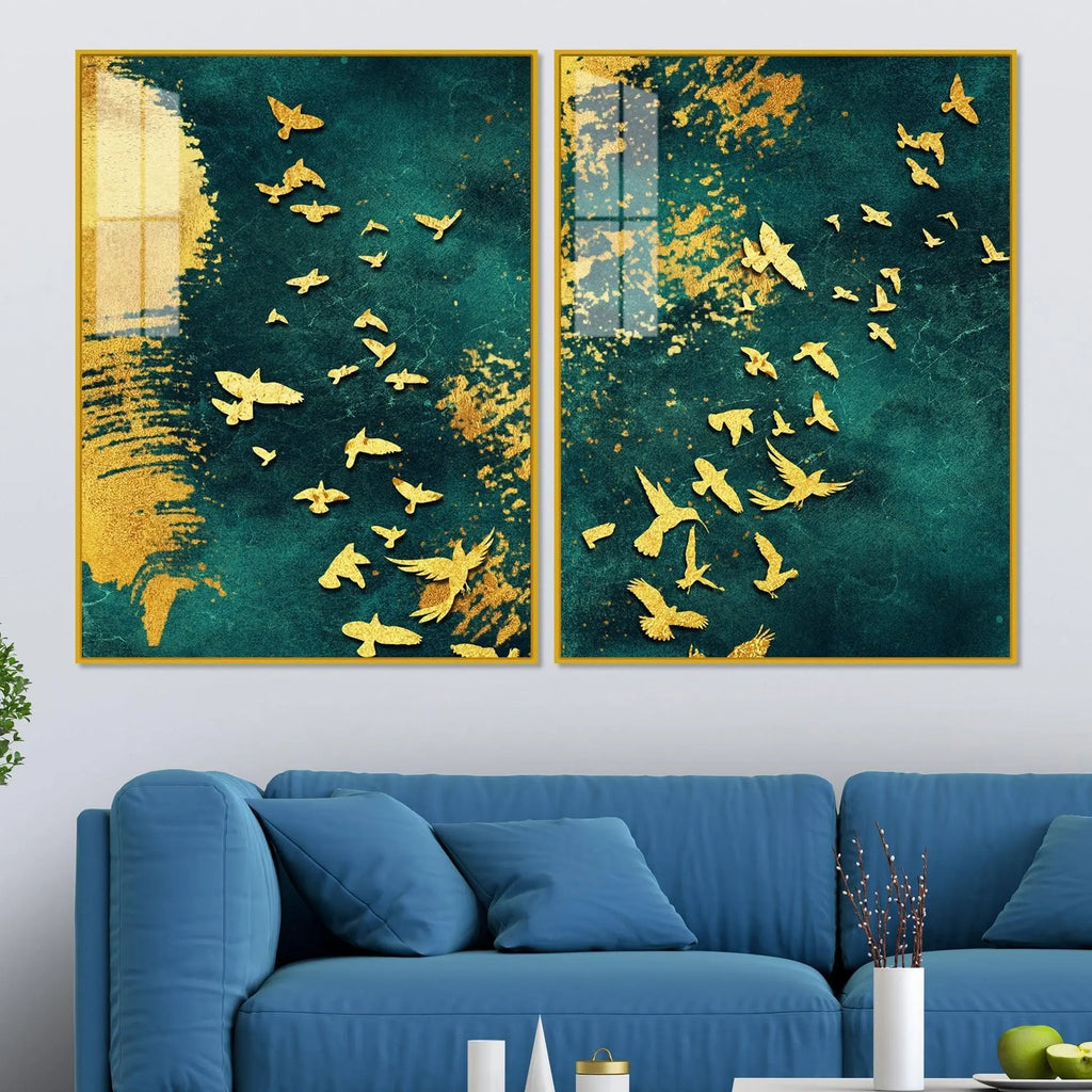 Golden Birds Group Flying Floating Acrylic Wall Painting Set of 2 - Decor Mantra 