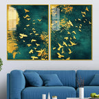 Golden Birds Group Flying Floating Acrylic Wall Painting Set of 2 - Decor Mantra 