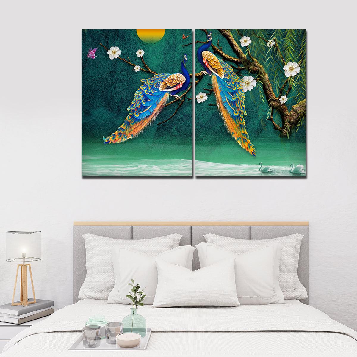 Canvas Bedroom Wall Painting of 2 Pieces Beautiful Bird Couple in Forest - Decor Mantra 