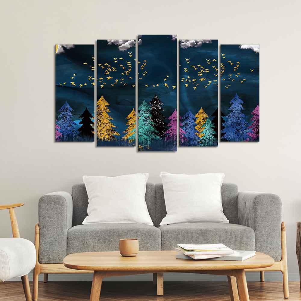 Golden Birds Flying over The Dark Forest Wall Painting of Five Pieces - Decor Mantra 