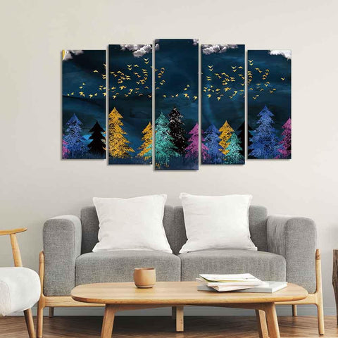 Golden Birds Flying over The Dark Forest Wall Painting of Five Pieces - Decor Mantra 