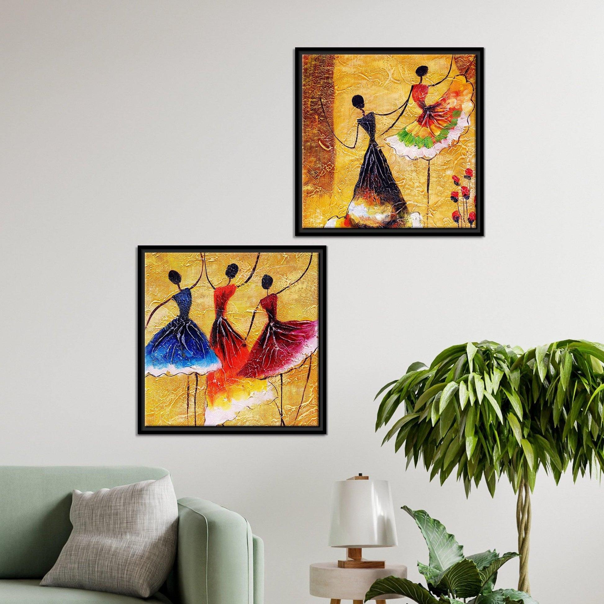 Dancing Women Warli Art Canvas Wall Painting of 2 Pieces Floating Frame - Decor Mantra 