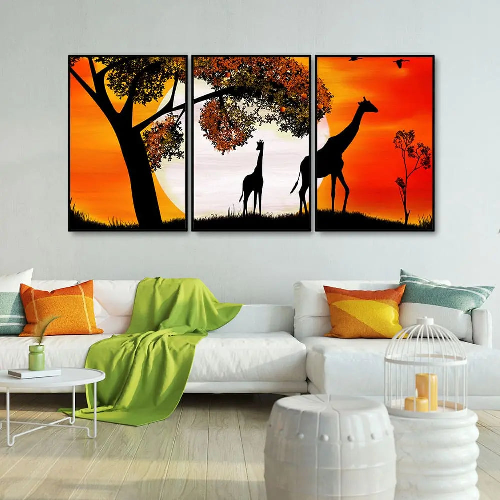 A Pair of Giraffe under a Tree in Sunset Floating Canvas Wall Painting Set of Three Decor Mantra