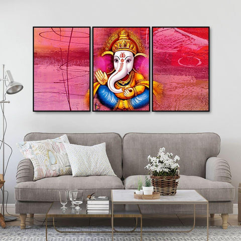 Lord Ganesha Abstract Art Floating Canvas Wall Painting Set of Three - Decor Mantra 