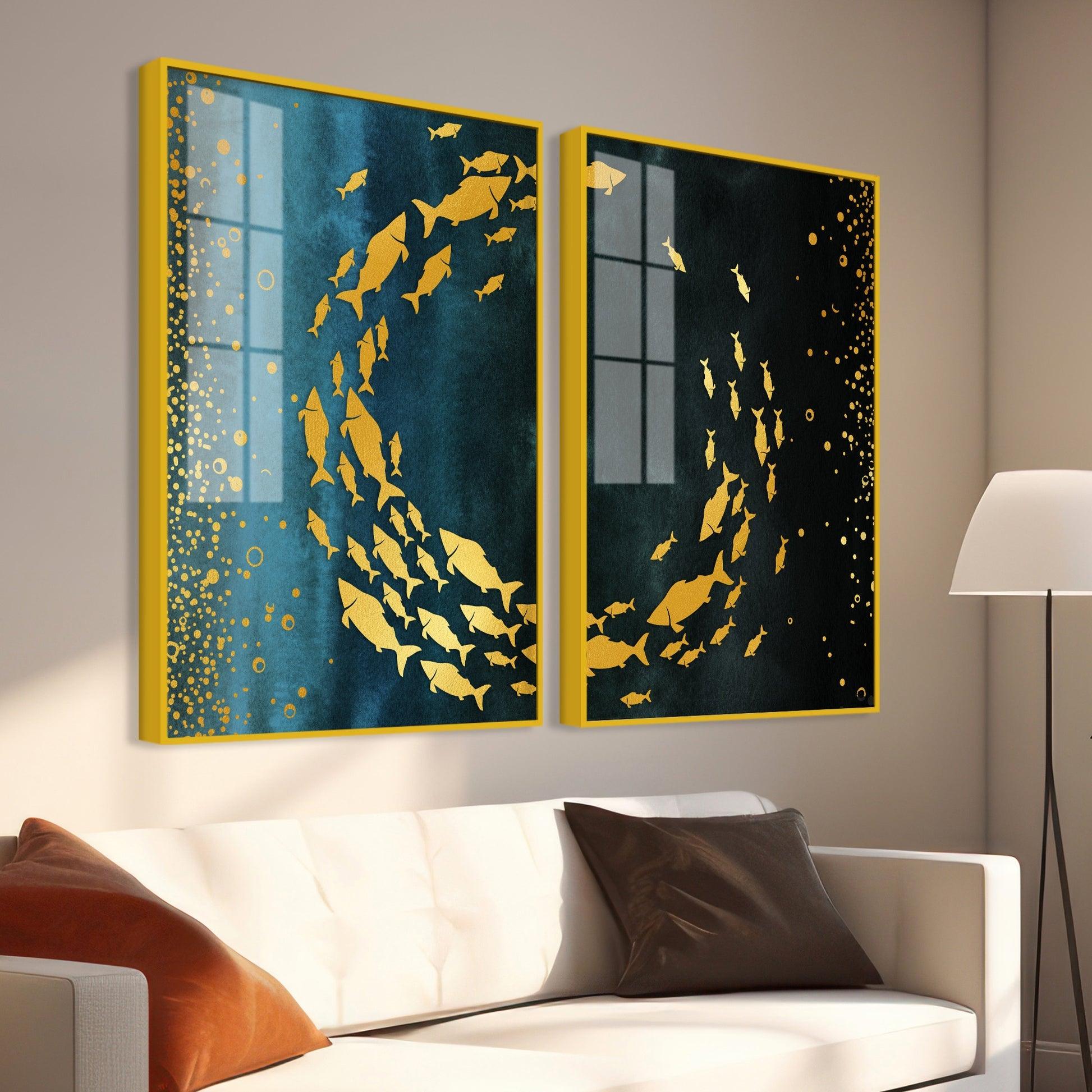 Group of Golden Fishes Acrylic Floating Wall Painting Set of 2 - Decor Mantra 