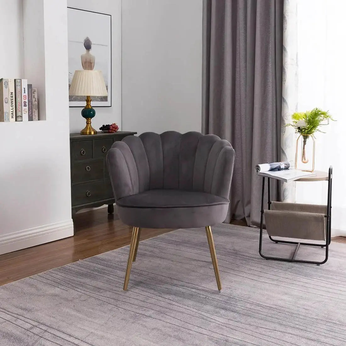 Grey Crafted Shell Shaped Designer Accent Chair DECORMANTRA